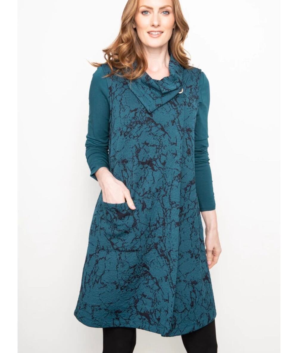LIV by Habitat Sz M Teal Black Marbled Pattern A-Line Lagenlook Knit Long Vest